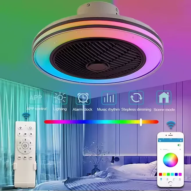 Led 라이트 원격 제어와 50CM 천장 팬 스마트 블루투스 스피커 샹들리에 씰링 램프 가정용 조명, 03 RGB 50CM, 02 220V용