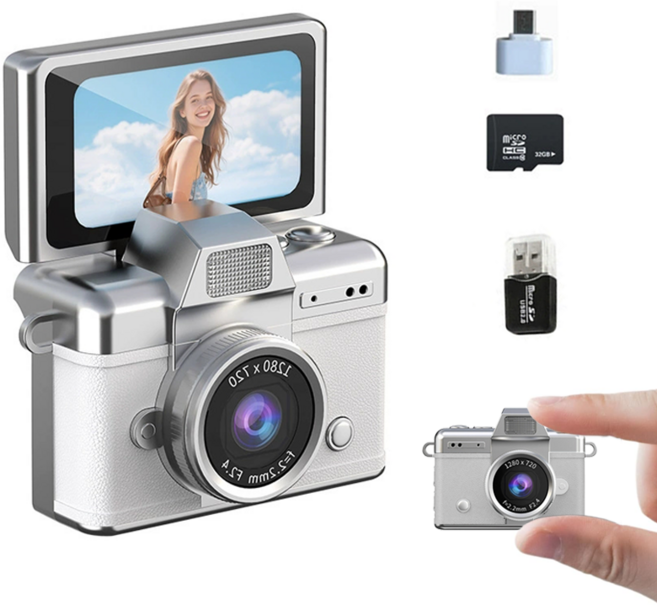 SMABAT 휴대용 y2k 빈티지 디지털 카메라 레트로 감성 카메라 초소형 초경량 카메라 키링용 SD카드 포함, 화이트