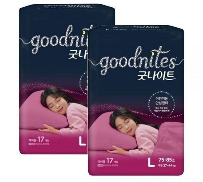 굿나이트 팬티형 여아 4단계 대형 17매 2팩 어린이용 야뇨 안심팬티 샘방지 피부보호, 34매