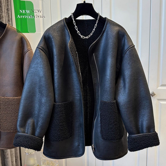 POMTOR 여성 캐주얼 가죽 털안감 숏 자켓 오버펏 라운드넥 스웨이드 무스탕