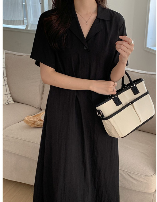 부엉구구 OW0531A 여성 여름 린넨 카라 롱원피스 반팔 루즈핏 휴양지 데일리 플레어 원피스