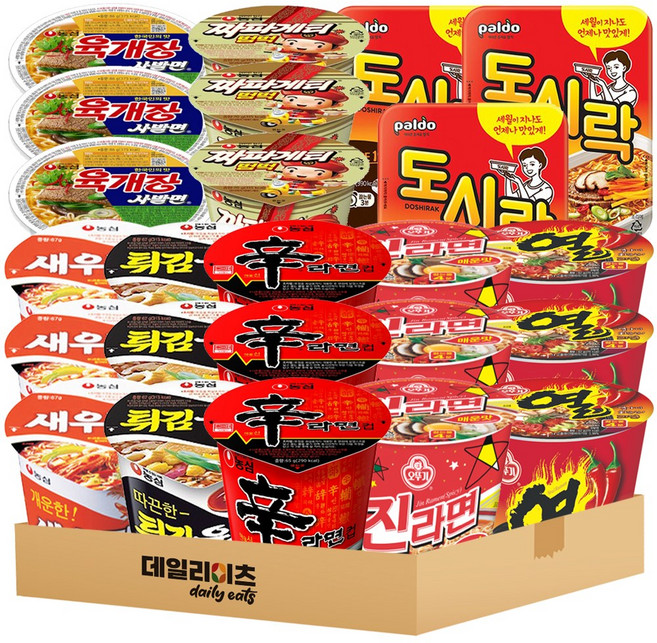 [데일리이츠] 컵라면 8종류 3개씩 24개 세트 (신라면 튀김우동 새우탕 진라면매운맛 열라면 육개장사발면 도시락 짜파게티범벅), 2개