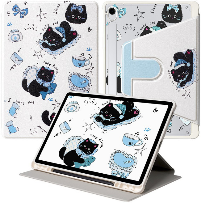 DUNNO 360도 회전 가능 패턴 디자인 아크릴 삼성 탭 케이스, 1개, 6-Graffiti Black Cat