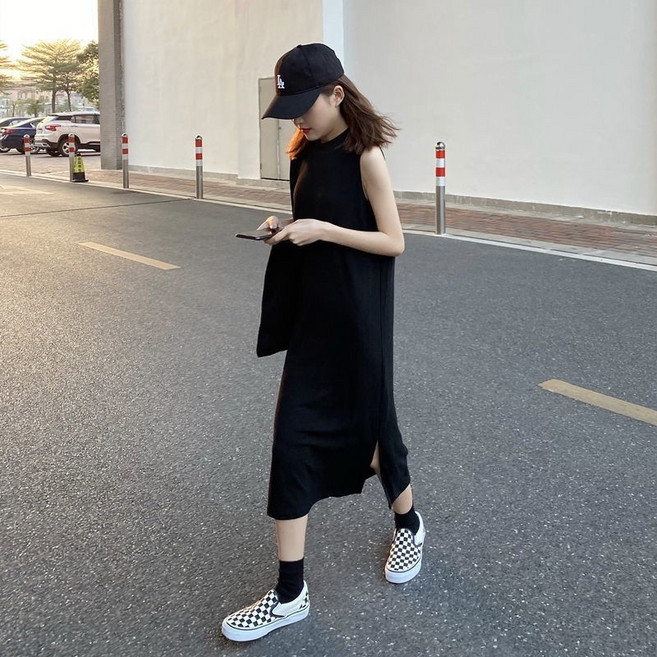 三禾洋裝 夏天韓版春秋季立領開叉無袖洋裝背心裙子女, 黑色,XL