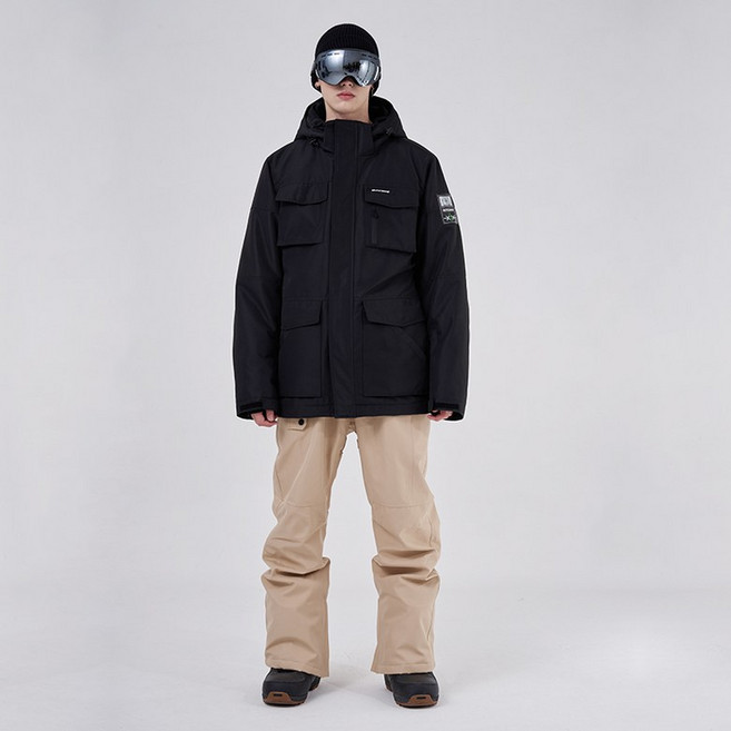 핑크바울몰 남자 스키장룩 보드복 스키복 세트 방수 방한, 1개, 블랙 재킷+카키 팬츠 세트