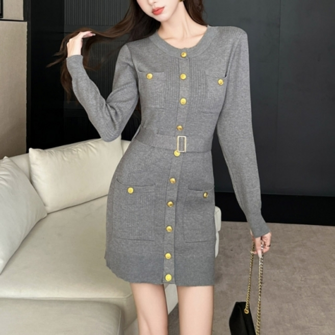 슬림핏 골지 니트 원피스 / 금장버튼 벨트 여성 미니원피스