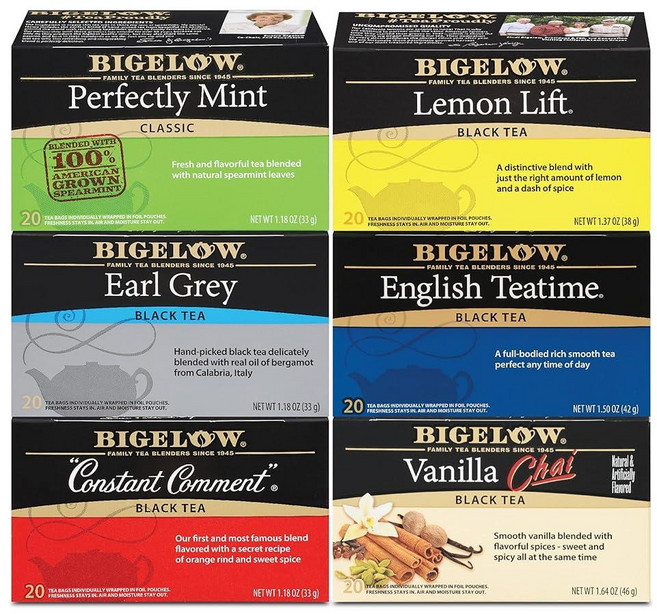 Bigelow 홍차 6가지 맛 버라이어티 팩 20개 박스 (6개 팩) 카페인 홍차 총 120개 티백, 1박스