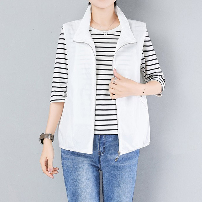 여성용 봄 중년 빅사이즈 숏 바람막이 조끼 캐주얼 민소매 자외선 차단 베스트