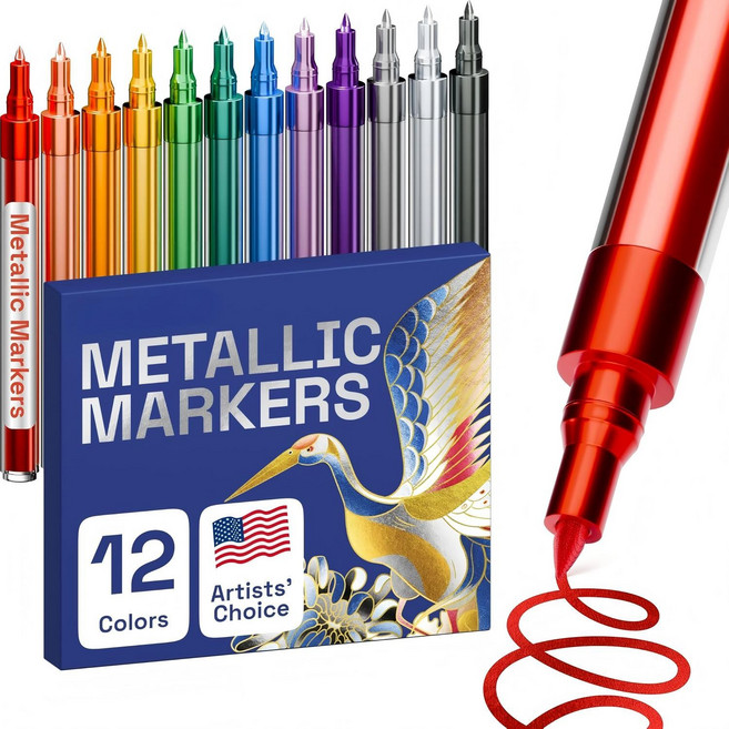 12개 아크릴 페인트 마커 세트 메탈릭 페인트 펜 바위 페인팅 돌 세라믹 유리 나무 천 자갈 스크랩북 포토 앨범 카드지에 사용 가능 초미세 팁 0.7mm, 1세트, 12색