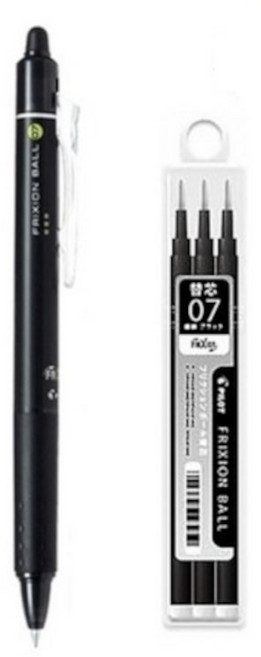 지워지는 펜 프릭션 파이롯트 유성펜 노크 0.7mm 블랙1개 + 리필 1개(3개입)