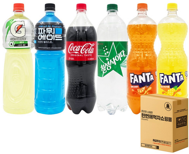 한번에먹자 1.5L 음료세트 코카콜라 + 칠성사이다 + 환타 파인애플 + 환타 오렌지 + 파워에이드 + 게토레이 / 각 1패트 총 6페트 + 사은품 이디야커피 2T, 6개