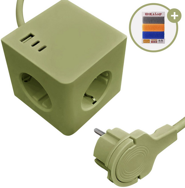 큐브 멀티탭 납작 디자인 플러그 USB C타입 고용량 4000w 콘센트, 1개, 올리브그린, 1.8m