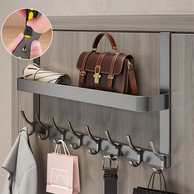 Flyaiku 문걸이 도어행거 무타공 옷걸이 선반 세트 현관 발코니 수납 다용도 도어훅 12구 16구 38cm 52cm, 다크 그레이-8구, 1개
