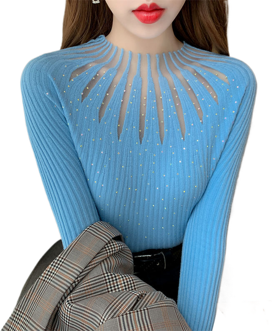 여자 펀칭 큐빅 니트 간절기 고탄력 골지 니트 티 0T326