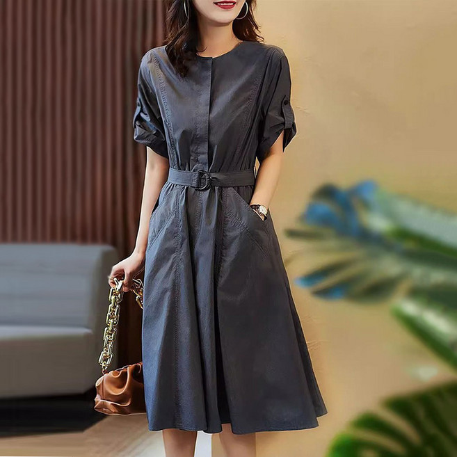 ORZQU 여성 여름원피스 솔리드 캐주얼 루즈핏 라운드 반팔 원피스 벨트 투닉 플레어 스커트 오피스룩