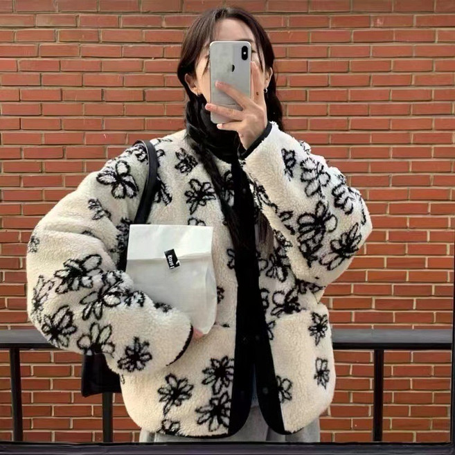 여성 양털 뽀글이 양면 플라워 점퍼 후리스