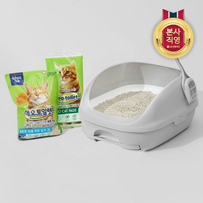 유니참 데오토일렛 고양이 화장실 오픈형 대형 라이트그레이 (작은입자모래+패드 1개월분 세트), 없음