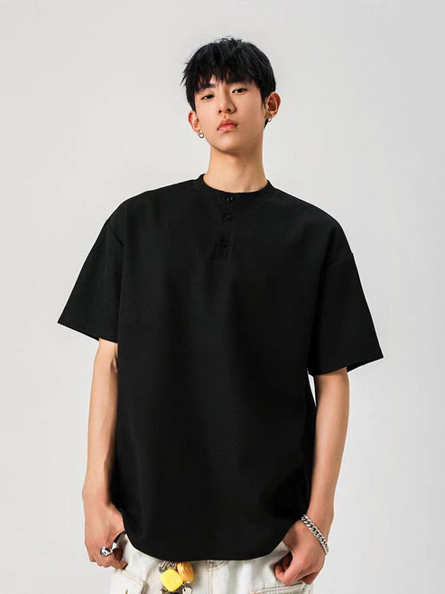 華夫格短袖Polo衫 亨利領寬鬆休閒上衣