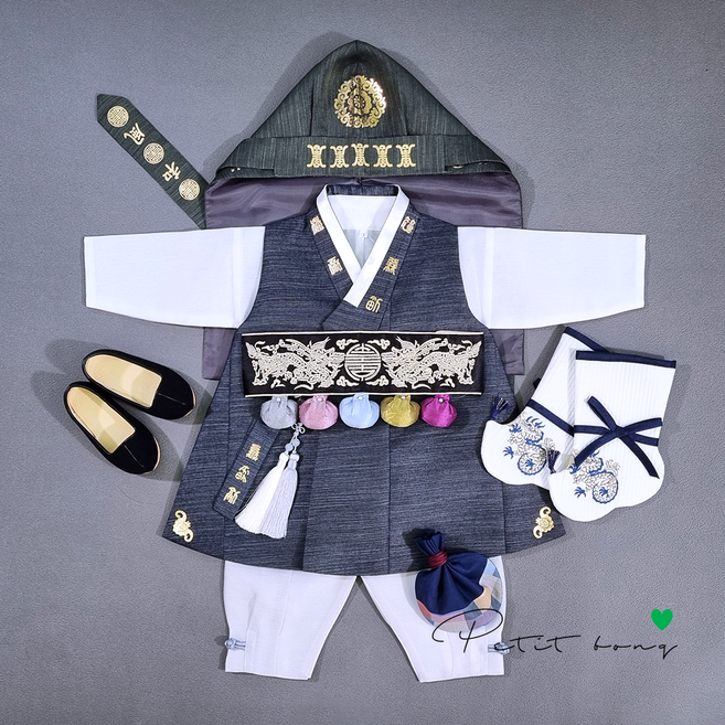 [백일 돌 세트구성] 남아한복 답호금박 먹색 배자 (10%적용)_수복강녕(챠콜/금)+용천도돌띠(블랙금사)