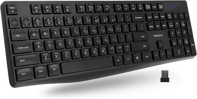 Macally 무선 키보드 2.4G 컴퓨터 키보드풀 사이즈 조용한 키 노트북 톱 PC Surface 크롬북 노트북용 USB로 하루 종일 편안하게 타이할 수 있습니다, Black