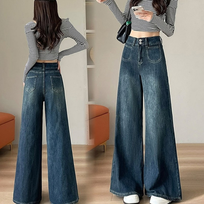 Asure 여자 패션 빈티지 청바지 하이웨이스트 와이드 데님 캐주얼 팬츠