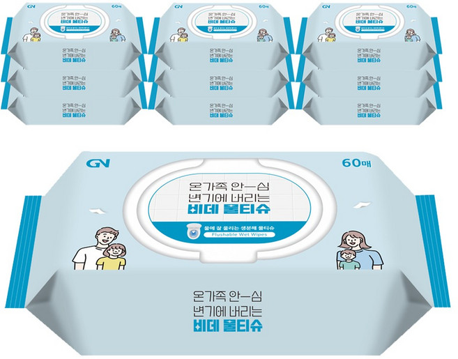 지앤 변기에 버리는 비데물티슈 물에녹는 화장실 비데용, 10개, 60매입, 60g