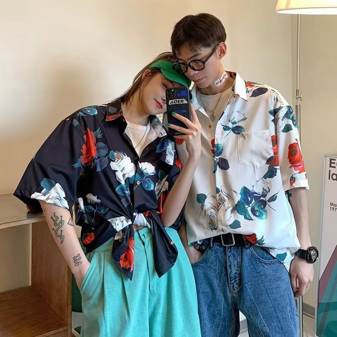 情侶襯衫 花襯衫男 花襯衫女 夏威夷風夏季新款 港風復古印花短袖襯衫 chic襯衣女夏 海灘衣服