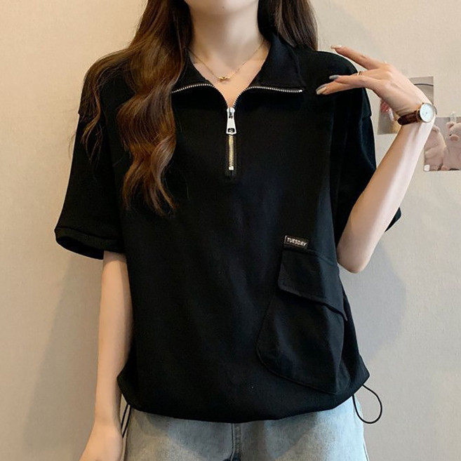 로르카 여성 카라넥 루즈핏 반집업 지퍼 포켓 캐주얼 데일리 반팔 티셔츠 B06031312