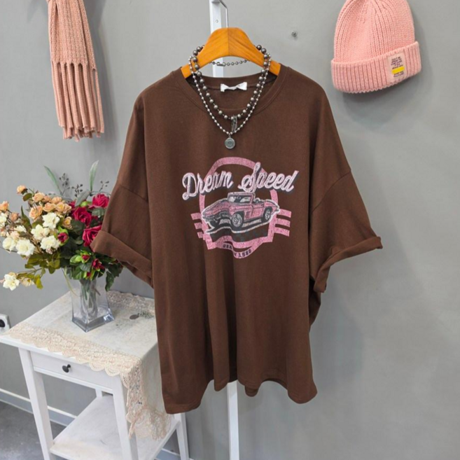 핑크카 빈티지나염 롱박스 반팔티셔츠