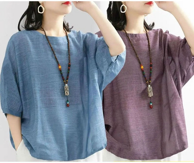 녕동 빅사이즈 여성 1+1 반팔 티셔츠 문예 라운드넥 캐주얼 여름 얇은 가오리핏 이너 티셔츠