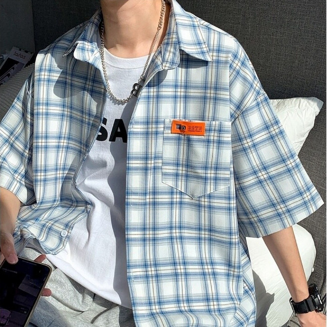 스타일닥터 남자 여름 반팔 루즈핏 셔츠 통기성 체크 남방 티셔츠