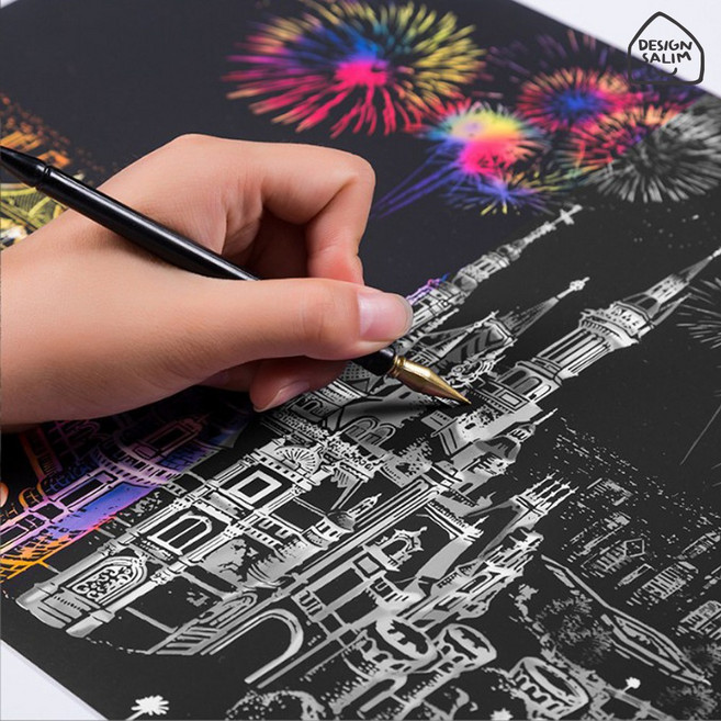 [A4 6종세트 + 고급전용펜] 스크래치 나이트뷰 페이퍼 그림 그리기 아트테라피, A4사이즈(6종세트+고급펜), 1개