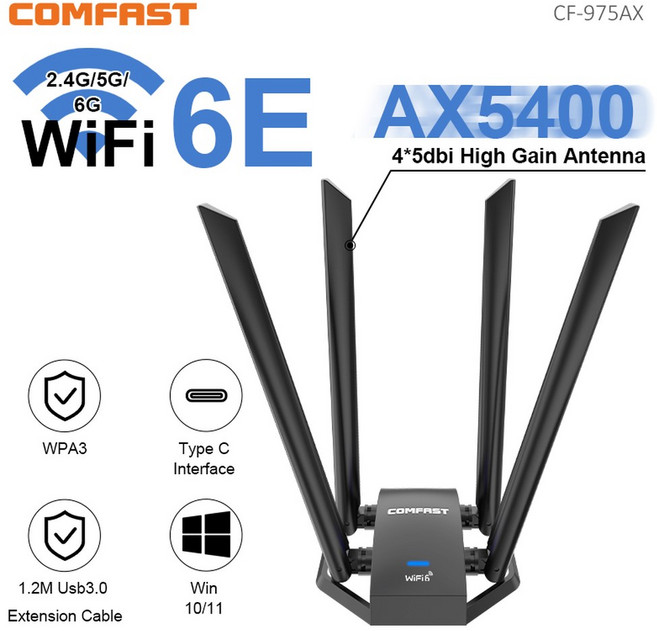 Comfast 5400Mbps WiFi6 USB 어댑터 듀얼 밴드 4G 5G 6Ghz 무선 수신기 USB3 노트북 PC 동글 네트워크 카드 Win 10 11, 03 CF-975AX, 1개