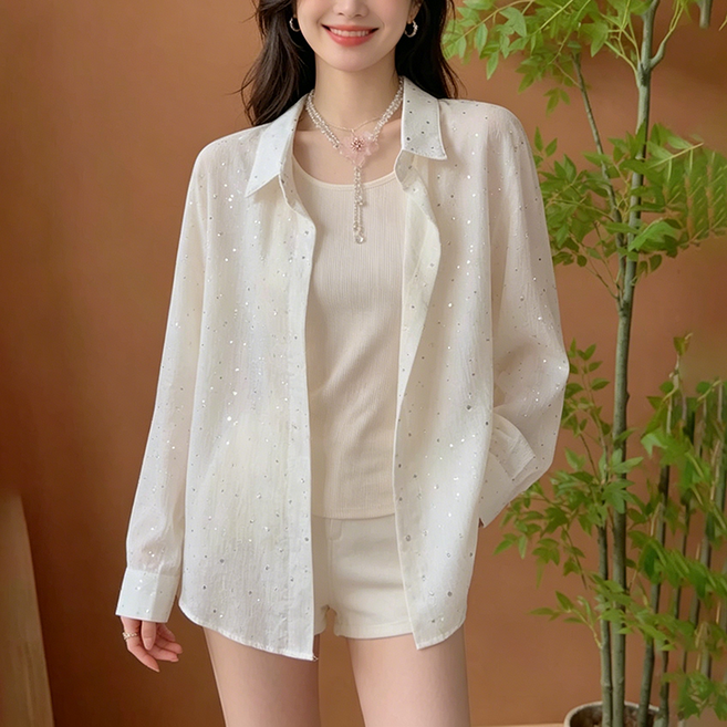 FANSYLI 여성 블라우스 시스루 반짝이 셔츠 얇은 자외선차단 자켓 레이어드 블라우스 여름 데일리 아우터 에어컨룩 X2604A16