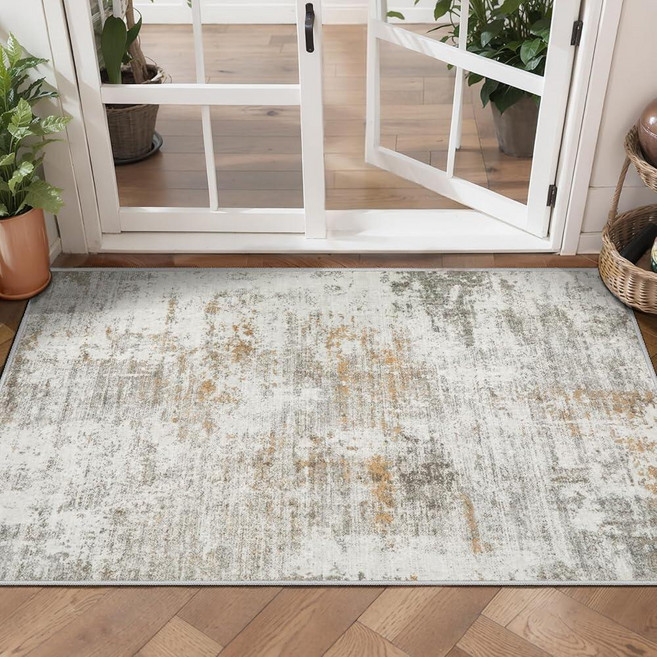 Tangsoo 4x6 Washable Area Rug Modern Non Slip Indoor Rugs for Living Room Abstract Contemporary, Beige/Grey