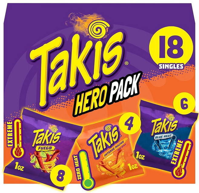 Takis 18피스 / 28.3g(1온스) 히어로 버라이어티 팩 다양한 맛의 혼합 롤 토르티야 칩 - 푸에고 8개 블루 히트 6개 강렬한 나초 4개, 28g