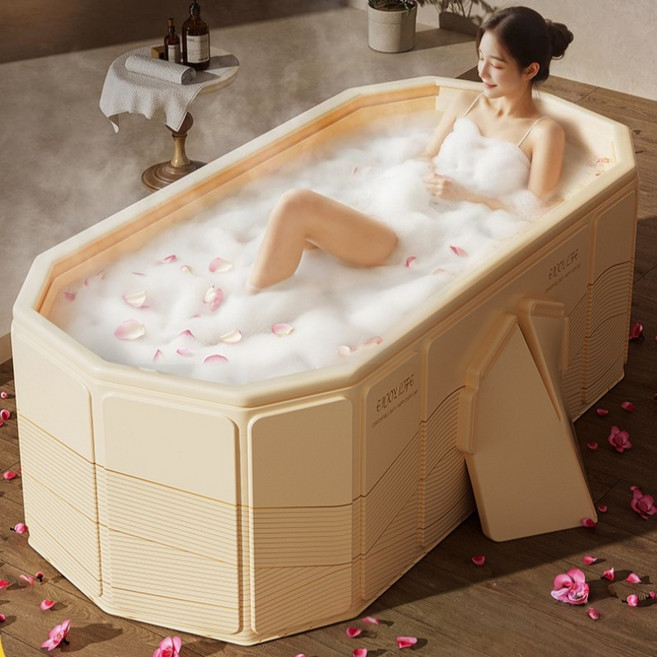 ClosArt 대형 타원형 반신욕조 이동식욕조 접이식 간이욕조, 1개, 올베이지