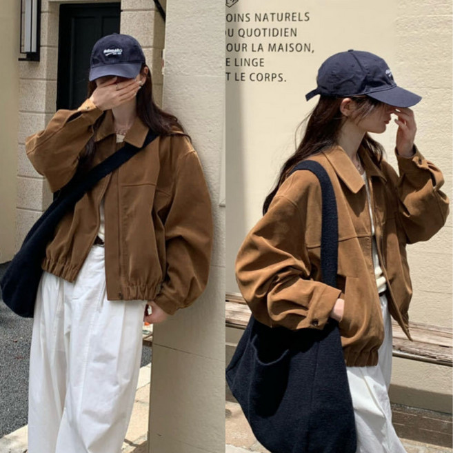 핏몬 여성 카라 스웨이드 오버핏 세미크롭 긴팔 자켓