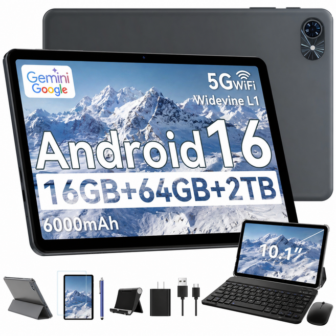 TABWEE 10.1인치 대화면 태블릿 PC 6000mAh 대용량 배터리 Gemini 2.0 지원 키보드+펜 포함 풀세트 16GB(4+12)+64GB 저장공간 학습 업무 엔터테인먼, 회색, 64GB, Wi-Fi