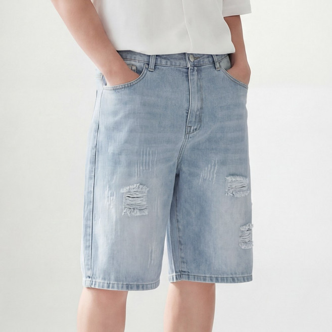 루크 남성 여름 루즈핏 데미지 5부 데님 팬츠 남자 워싱 찢청 청반바지 캐주얼 데일리 베이직 와이드 생지 하프 팬츠