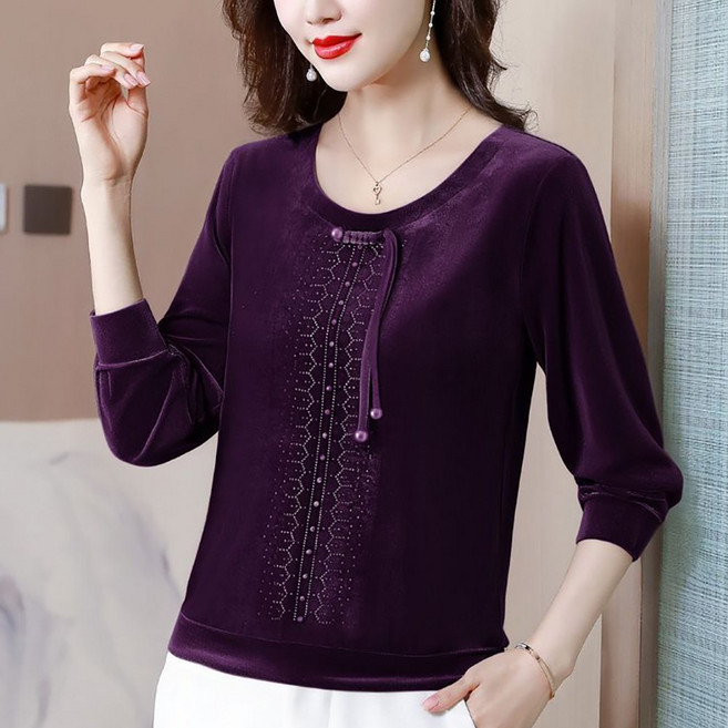 ROYALBELLE 여성 벨벳 핫픽스 긴팔 중년 우아한 빅사이즈 티셔츠 K0021326