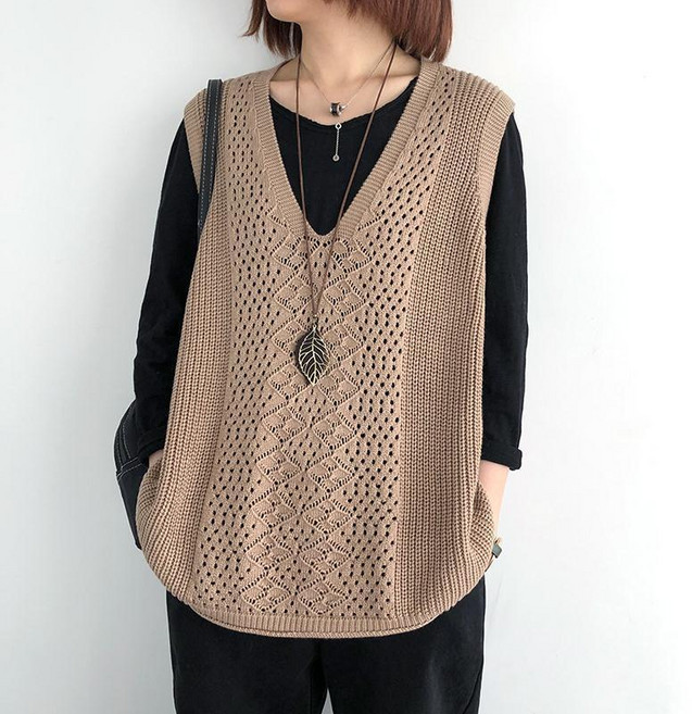 중년여성 니트 조끼 베스트 봄가을 간절기 스판 엄마룩 브이넥 빈티지 민소매 스웨터 오버핏 캐주얼 심플 기질 아우터 상의
