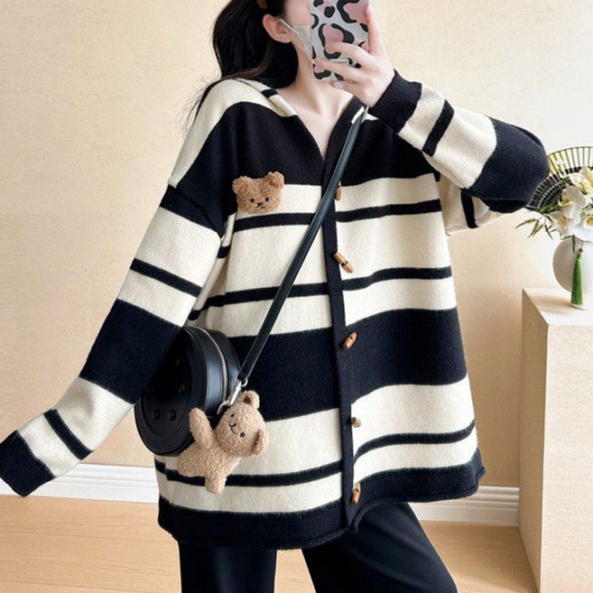 봄 임산부 외출복 패션 임부 스트라이프 후드 가디건 루즈핏 임산부 카디건 캐주얼 임부복 긴소매 상의 YSQ