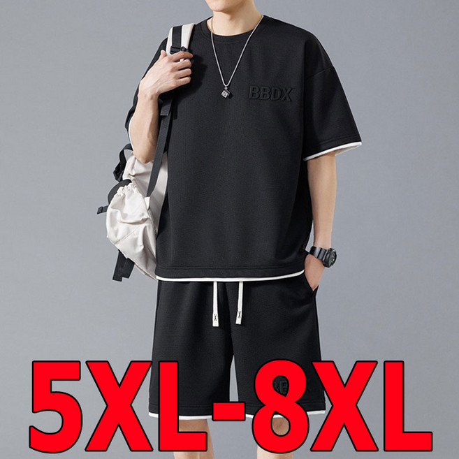 남성 빅사이즈 5부 반팔티 + 반바지 트레이닝복 세트 여름오버핏 2장 세트 5XL 6XL 7XL 8XL