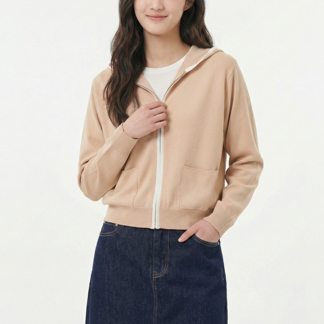 빈폴레이디스 후드 집업 카디건 베이지
