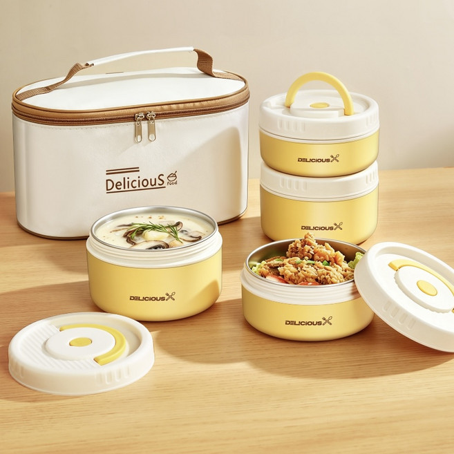 보온 도시락 304 스테인리스 스틸에 보온 가방 포함, 1세트, 2200ML 4단 노랑색