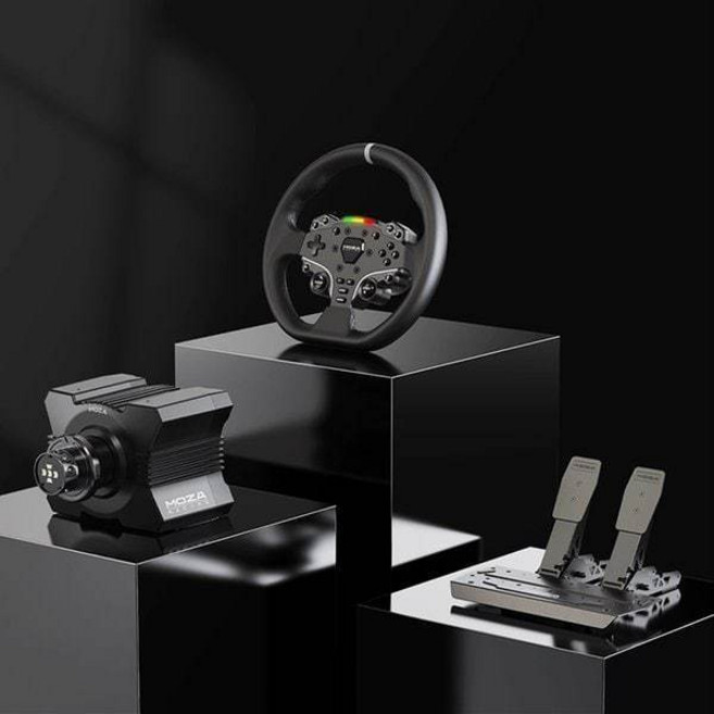 [트루펙트] MOZA R5 레이싱 휠 올인원 패키지 페달 게임기 PC용 티어링 휠 관부세포함, R5본체+ES핸들+페달 두개+데스크 스탠드