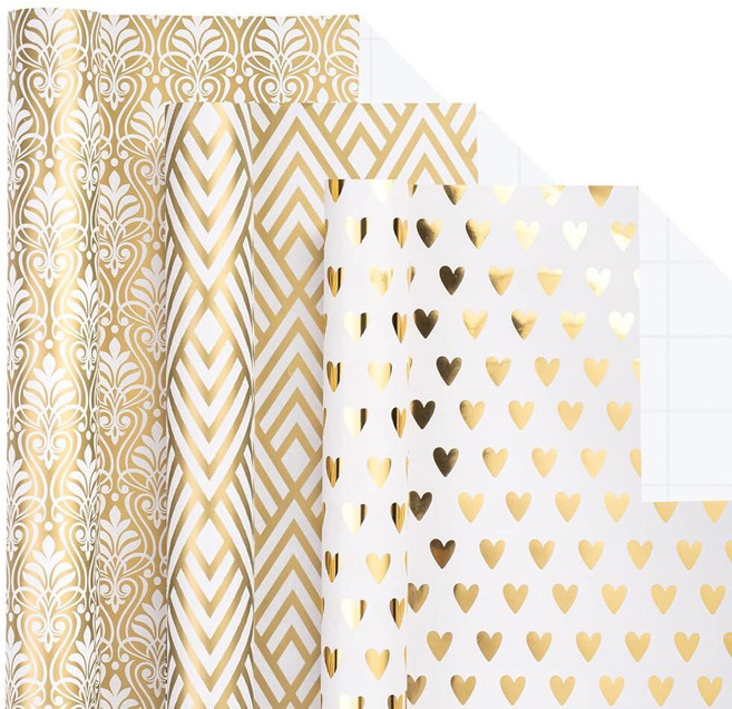 LeZakaa 크리스마스 포장지 번들 - 리본 리본 스티커 및 선물 태그가 있는 미니 롤 - 나무/눈송이/격자 무늬 프린트가 있는 실버 메탈릭 호일 디자인 - 43.2 x, 클래식 골드