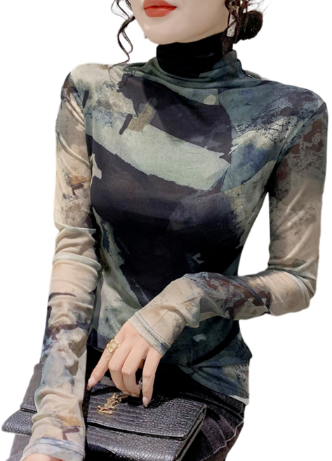 댄스복 상의 여성용 하이넥 날염 망사 소프트 스판 긴팔 티셔츠 뉴타임즈F8022 Women's T-shirt