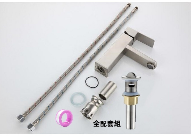 SUS304不銹鋼 拉絲面盆水栓, 1個, B3036面盆單孔冷熱四方直嘴龍頭